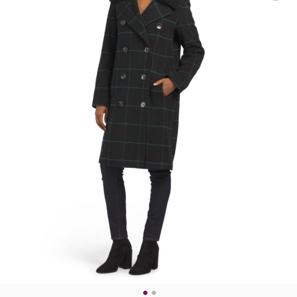 Tahari Black and Green Wool Coat with Faux Fur Collar 3x